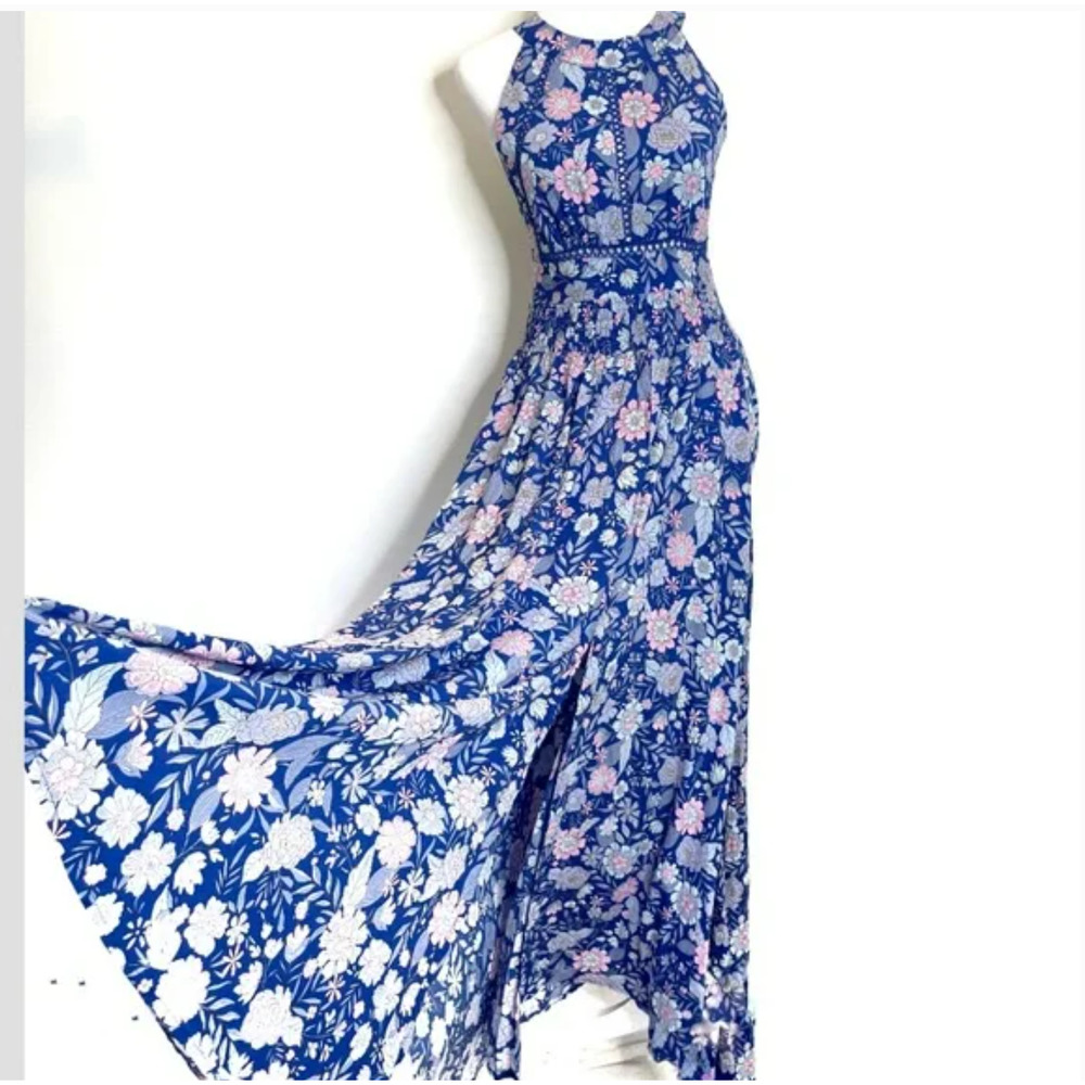 Abel the Label Anthropologie Blue Bell Cottage Floral Maxi Halter Dress Size M